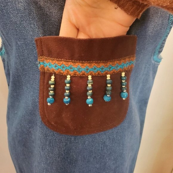 Vintage 90s Western Denim Jean Pinafore Dress Long Maxi Sleeveless Suede Sz M/L - Picture 4 of 9